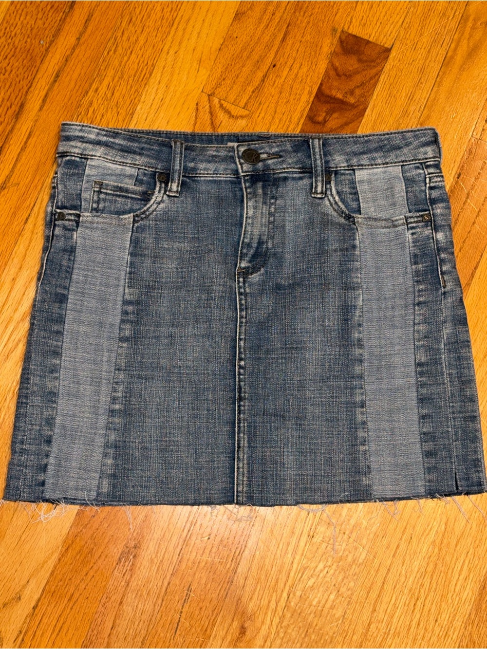 Kut From The Kloth Pieced Contrast Raw Hem Denim Jean Mini Skirt Size 4